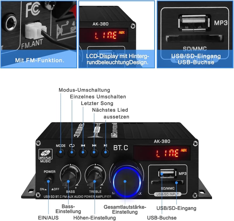 Mini HiFi Verstärker 2.0 Kanal 40W mit USB, SD und UKW-Radio