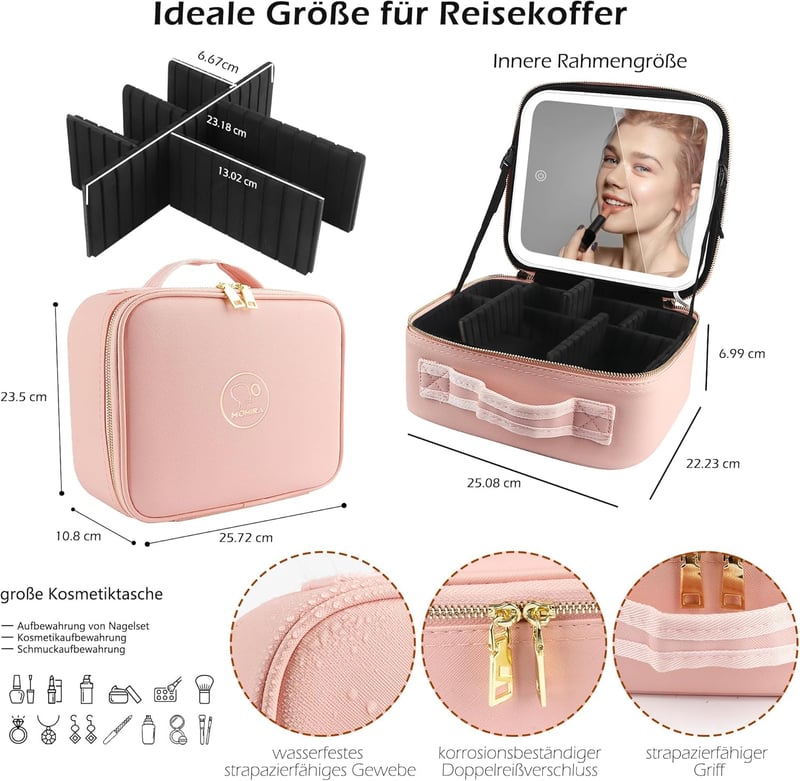 Beleuchtete Make-up-Tasche mit verstellbarem Spiegel für Frauen - Rosa