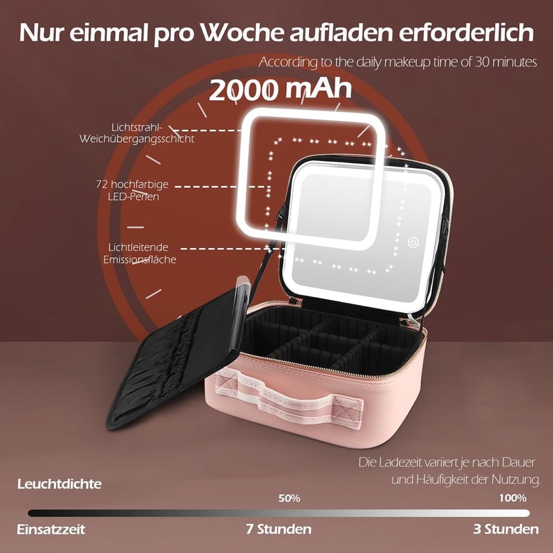 Beleuchtete Make-up-Tasche mit verstellbarem Spiegel für Frauen - Rosa