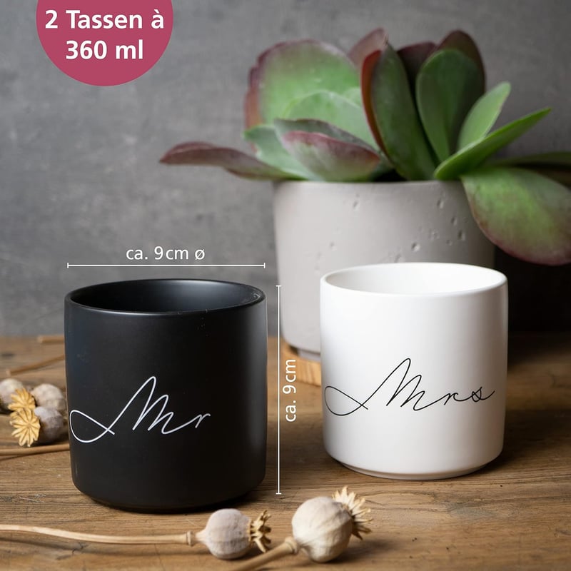 Mr und Mrs Tassen Set aus Steinzeug – Hochzeitsgeschenk für Paare