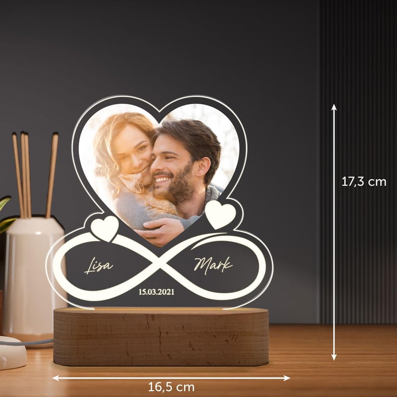 Personalisierte Acrylglas-Gravur „Unendlichkeit“ mit Foto, Namen & Datum – Pärchengeschenk zum Jubiläum