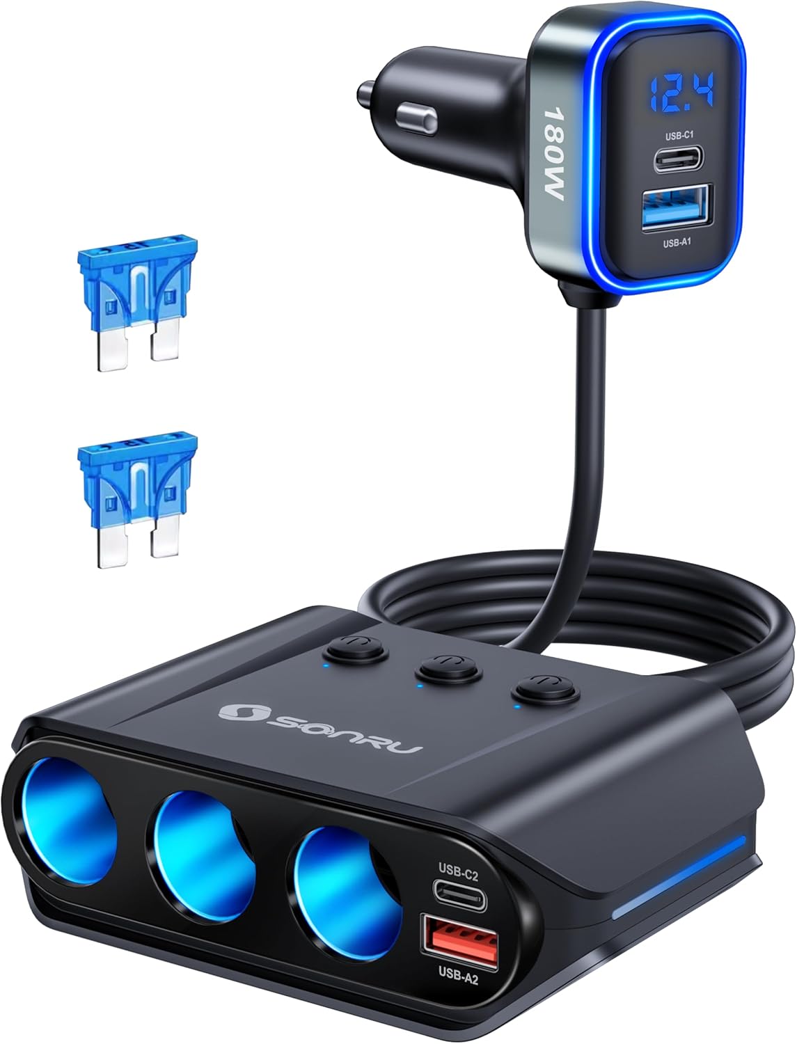 SONRU 7-in-1 Auto Ladegerät mit 3 Steckdosen und 4 USB-Anschlüssen