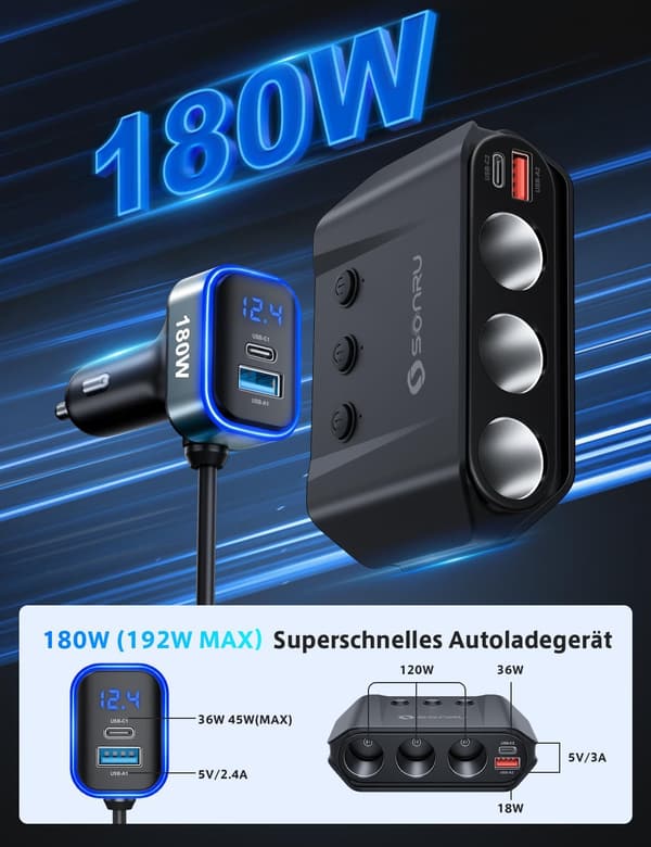 SONRU 7-in-1 Auto Ladegerät mit 3 Steckdosen und 4 USB-Anschlüssen