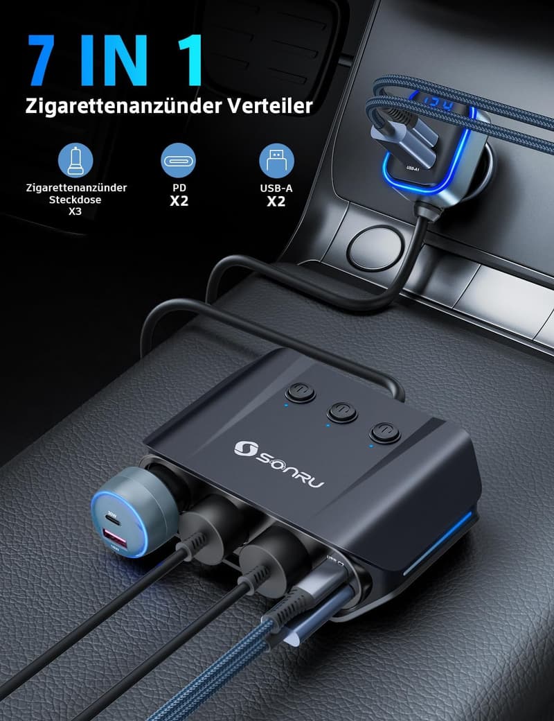 SONRU 7-in-1 Auto Ladegerät mit 3 Steckdosen und 4 USB-Anschlüssen