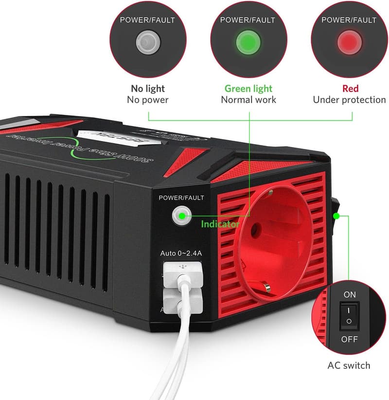 Reiner Sinuswechselrichter 300W 12V auf 230V mit Kfz-Adapter