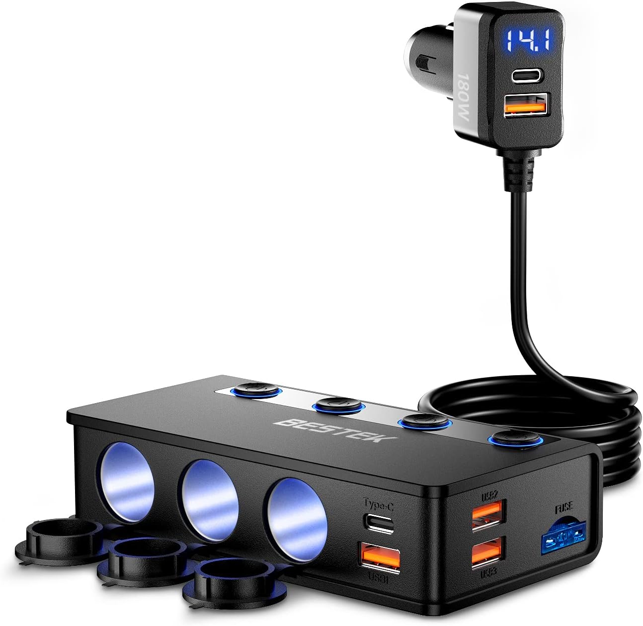 BESTEK 180W Zigarettenanzünder Verteiler mit 65W PD & 4 Port QC3.0 für Auto