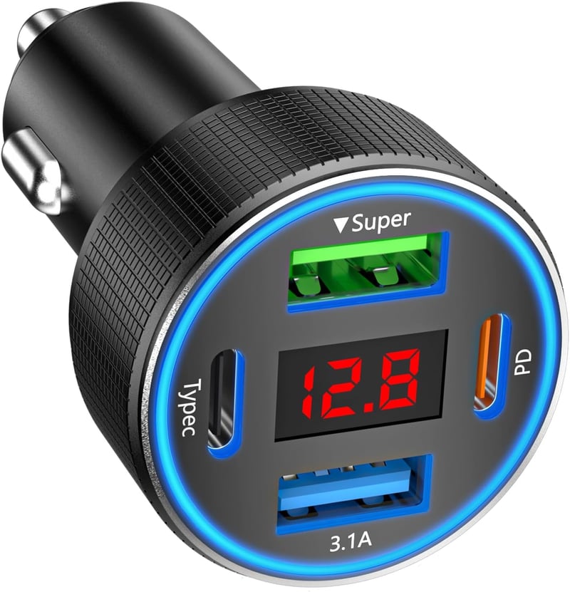 USB-C Zigarettenanzünder Adapter mit 4 Ports und Voltmeter für Auto