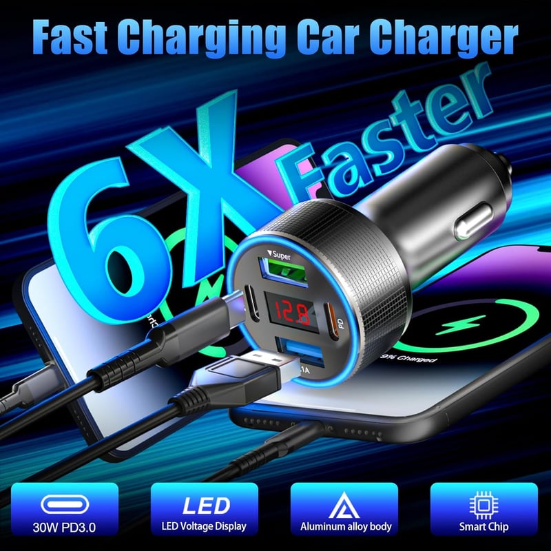 USB-C Zigarettenanzünder Adapter mit 4 Ports und Voltmeter für Auto