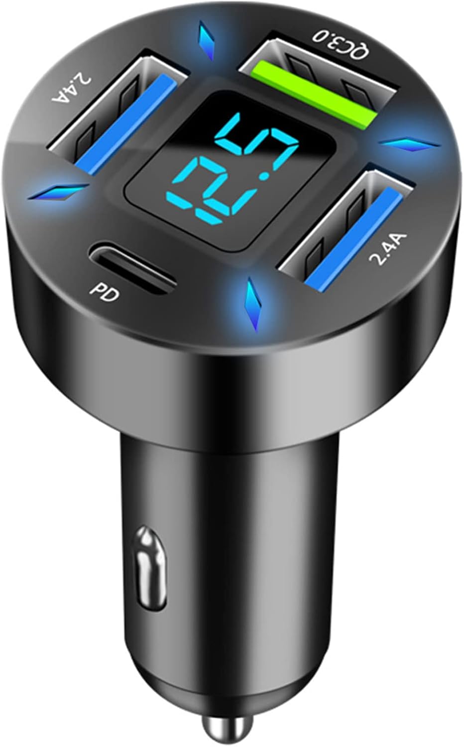50W USB C Auto Ladegerät mit 4 Ports und LED Voltmeter