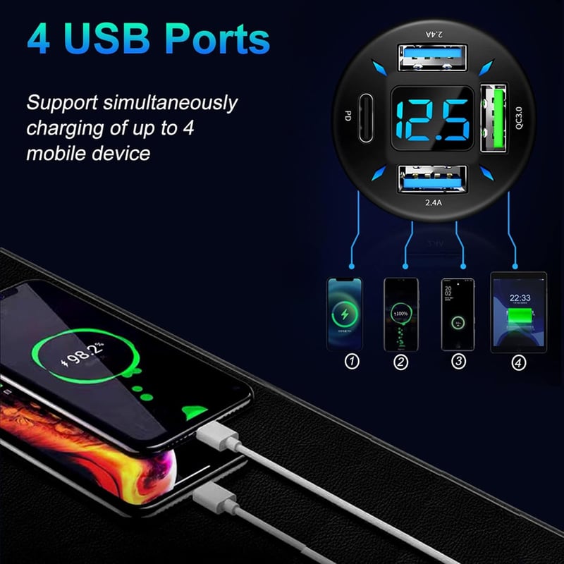 50W USB C Auto Ladegerät mit 4 Ports und LED Voltmeter