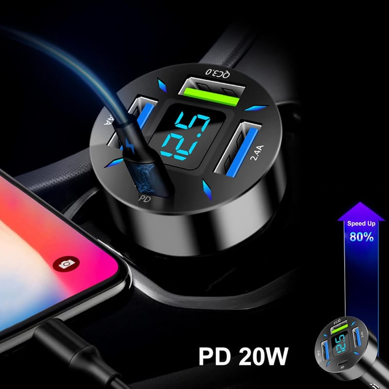 50W USB C Auto Ladegerät mit 4 Ports und LED Voltmeter