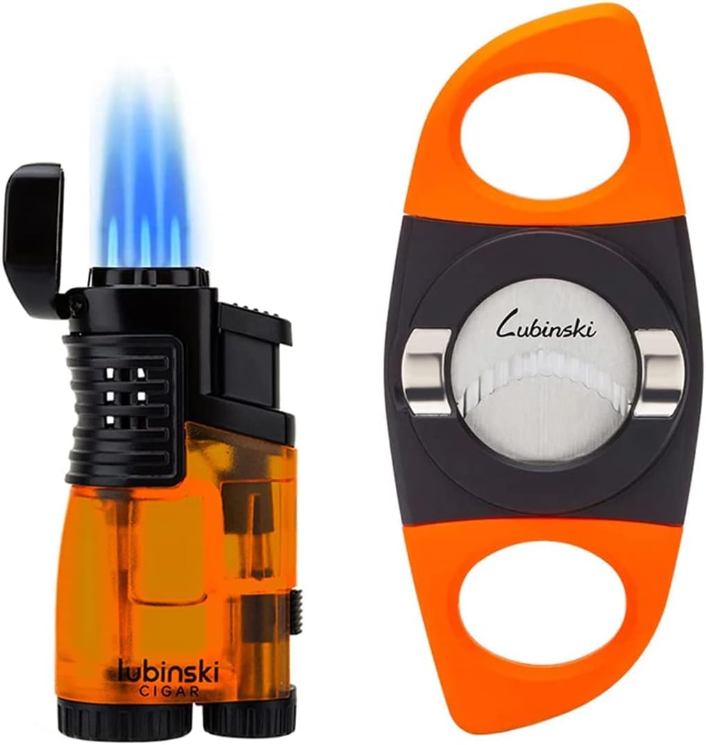 Multifunktionales Geschenkset für Zigarrenliebhaber: Zigarrenschneider und 3-Jet Feuerzeug (Edelstahl, Orange)