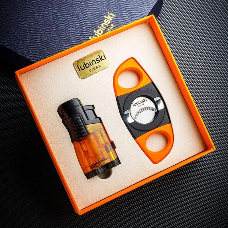 Multifunktionales Geschenkset für Zigarrenliebhaber: Zigarrenschneider und 3-Jet Feuerzeug (Edelstahl, Orange)