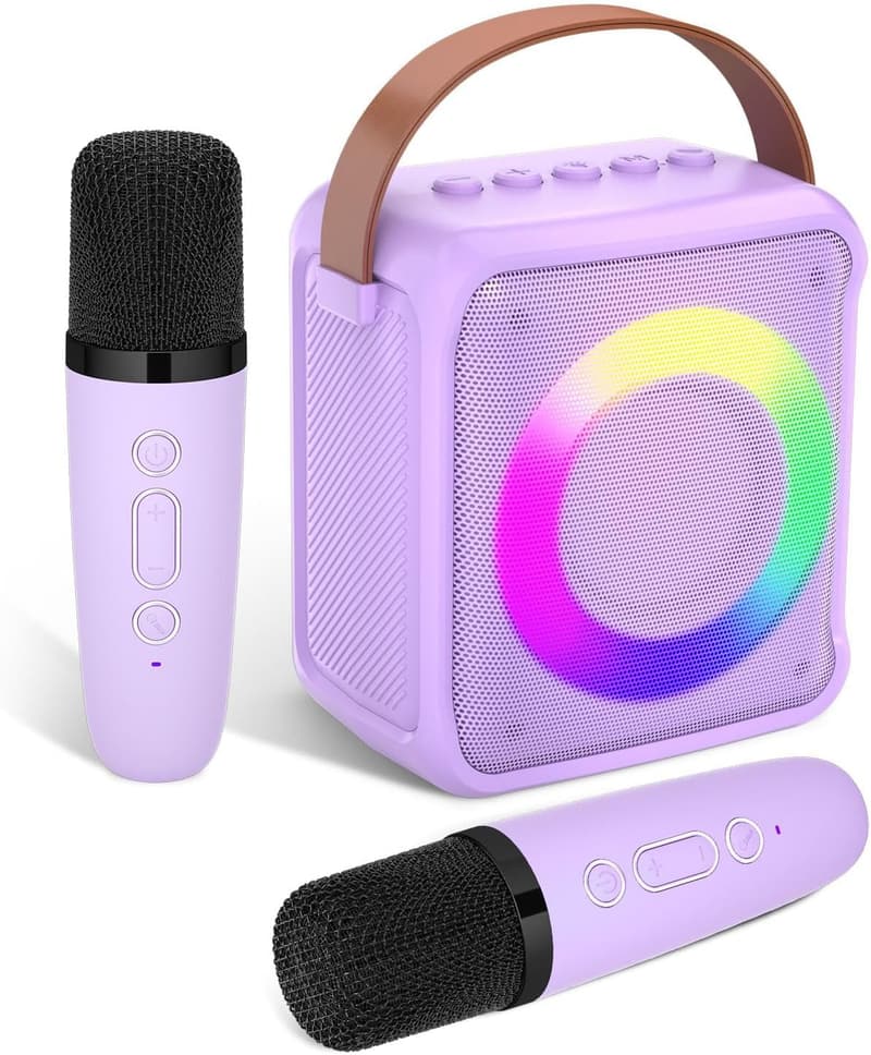 Tragbare Karaoke-Maschine mit 2 Mikrofonen und LED-Licht für Kinder 3-18 Jahre
