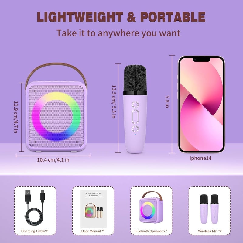 Tragbare Karaoke-Maschine mit 2 Mikrofonen und LED-Licht für Kinder 3-18 Jahre