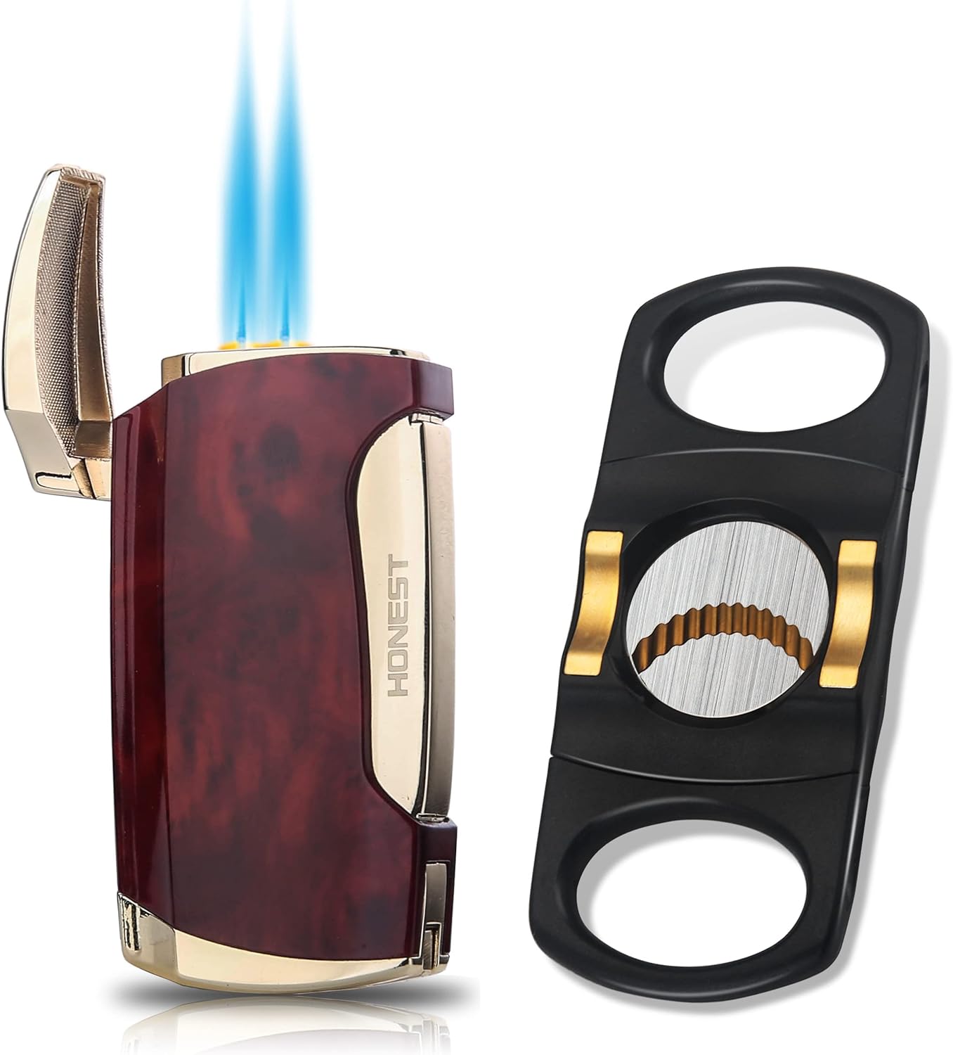 PROMISE Double Jet Flame Feuerzeug mit Zigarrenpunsh (Braunes Holz)