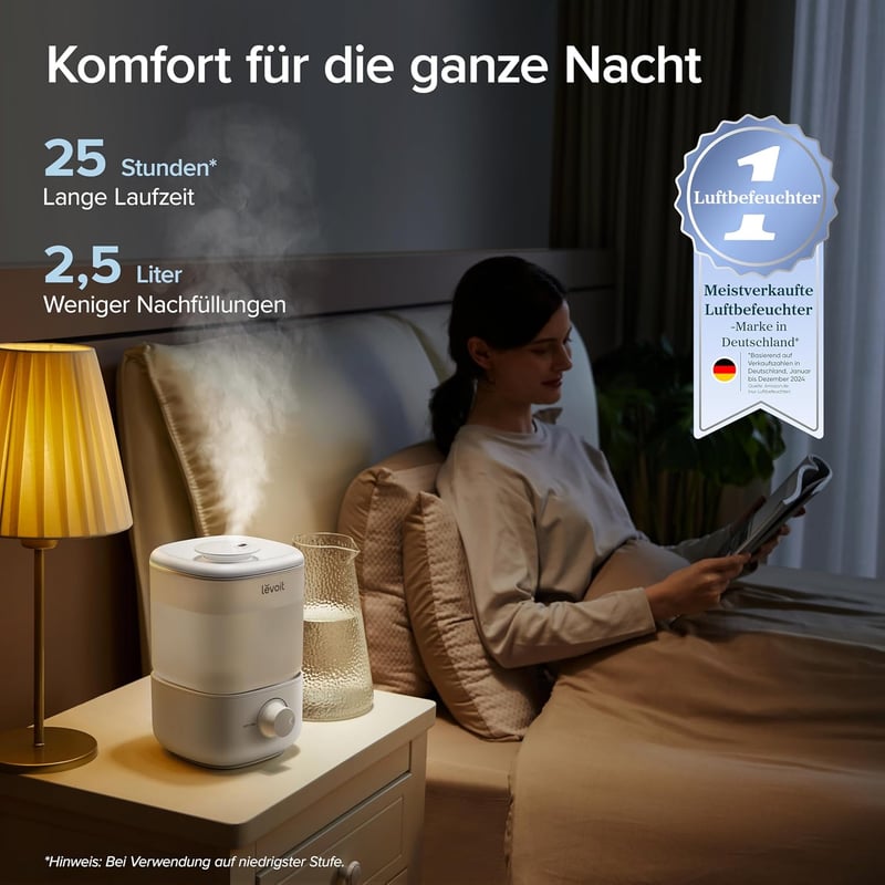 LEVOIT Top-Fill Luftbefeuchter für Schlafzimmer, 25h Laufzeit, 23dB leise