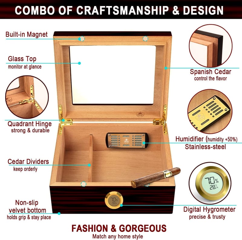 Handgefertigter Zigarren-Humidor aus spanischer Zeder mit Hygrometer – ideal als Geschenk für Männer (30-50 Zigarren)
