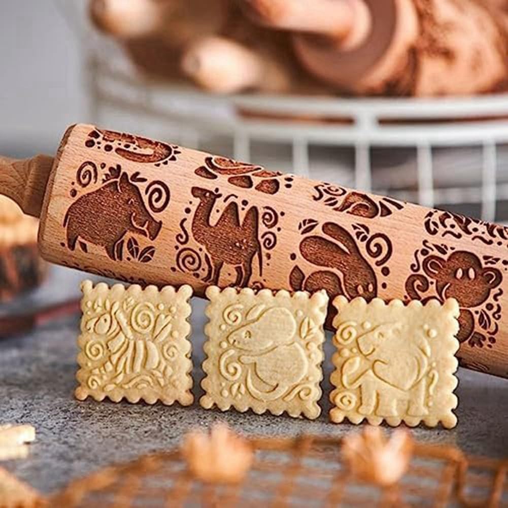Tierdruck-Nudelholz aus Holz – Große Strukturwalze für das Backen