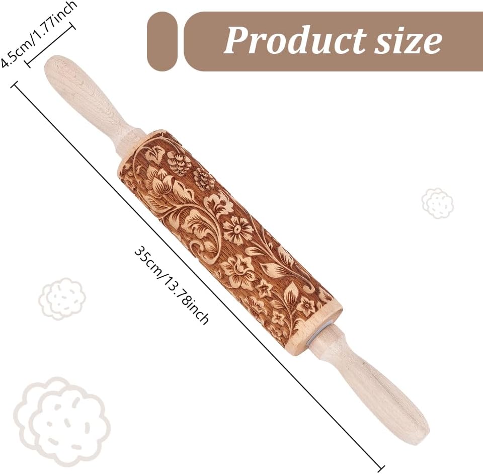 Nudelholz aus Holz mit Blumenprägung – 35 cm lang für DIY-Küchenprojekte
