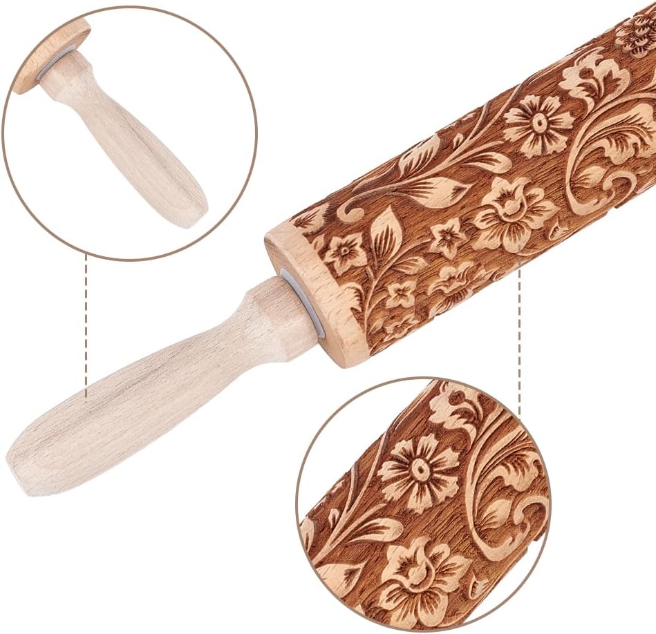 Nudelholz aus Holz mit Blumenprägung – 35 cm lang für DIY-Küchenprojekte