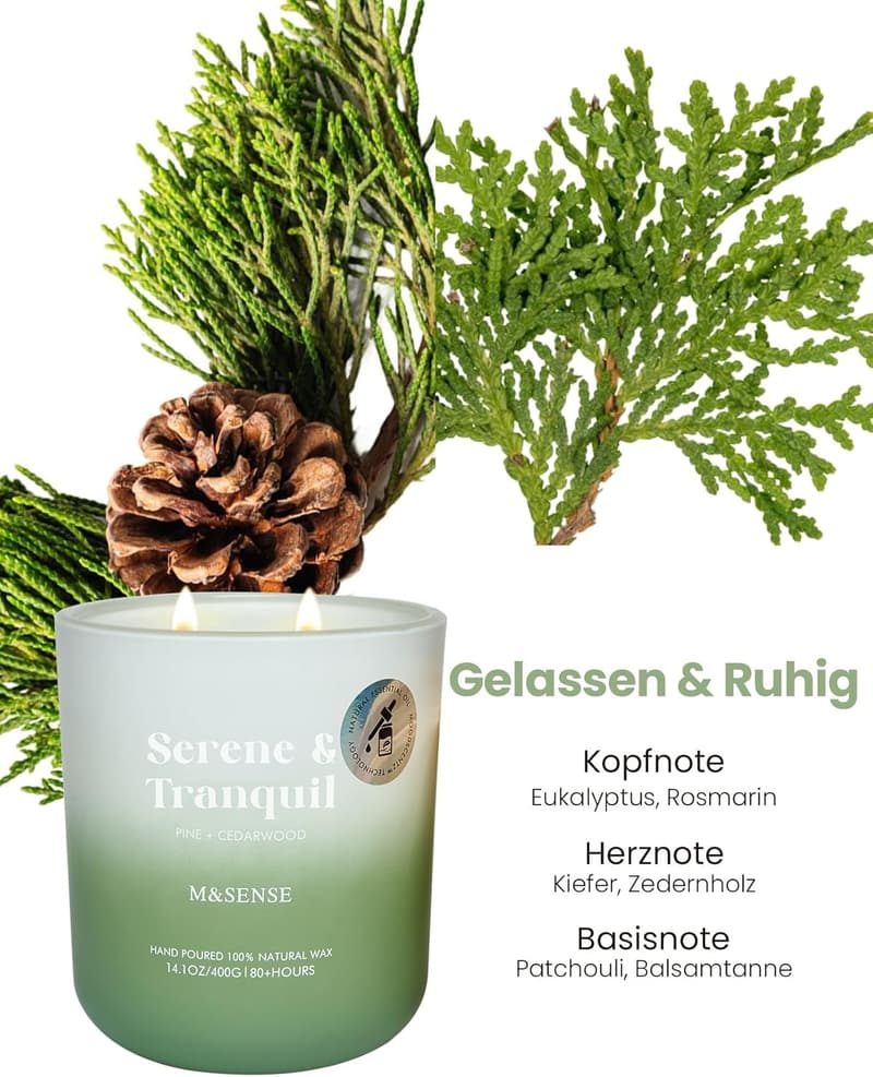 Kiefer Zedernholz Duftkerze aus Sojawachs – 80h Aromatherapie