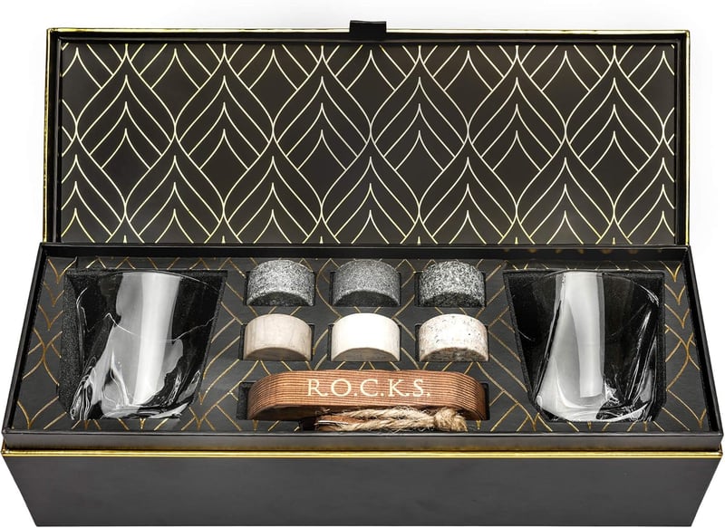 Whiskey Steine Geschenkset - 6 handgefertigte Granitsteine mit Gläsern