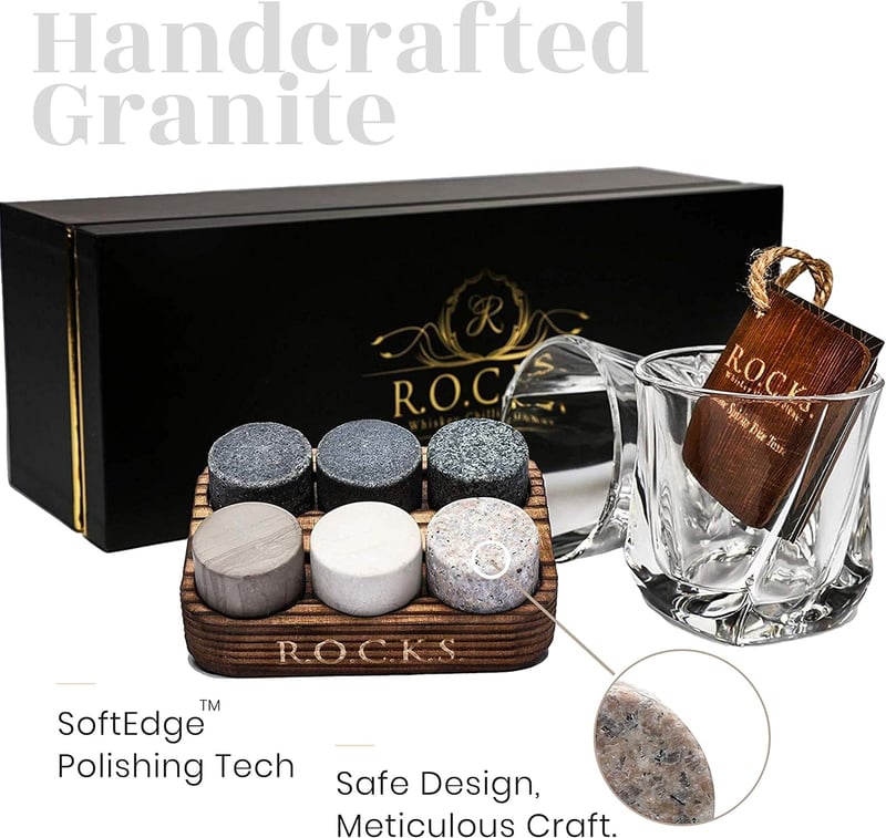 Whiskey Steine Geschenkset - 6 handgefertigte Granitsteine mit Gläsern
