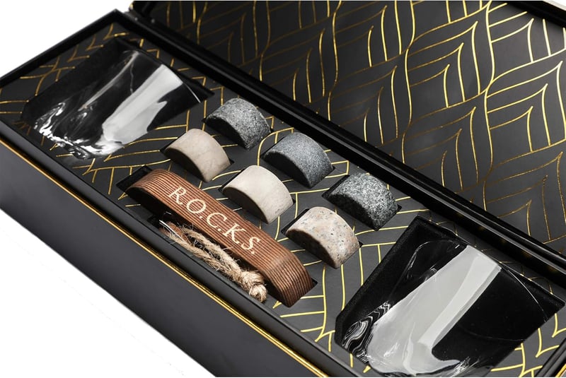 Whiskey Steine Geschenkset - 6 handgefertigte Granitsteine mit Gläsern
