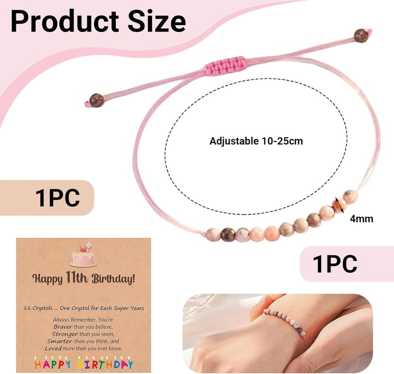 Geburtstagsgeschenk für Mädchen: Rosa Naturstein-Armband mit Karte