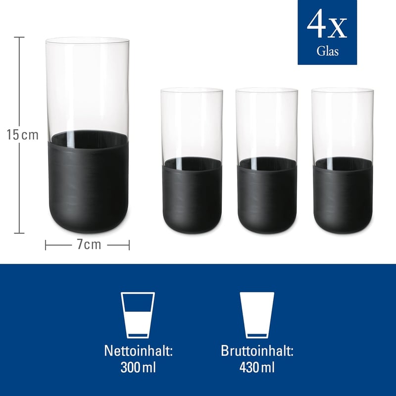 Villeroy & Boch Longdrinkbecher Set, 4-teilig, mattschwarz, handbemalt