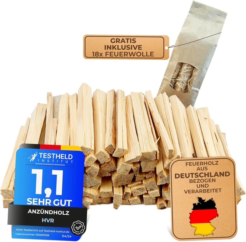 Anzündholz 30 KG mit 18 Stück Anzündwolle – Trocken, naturbelassen, Made in Germany