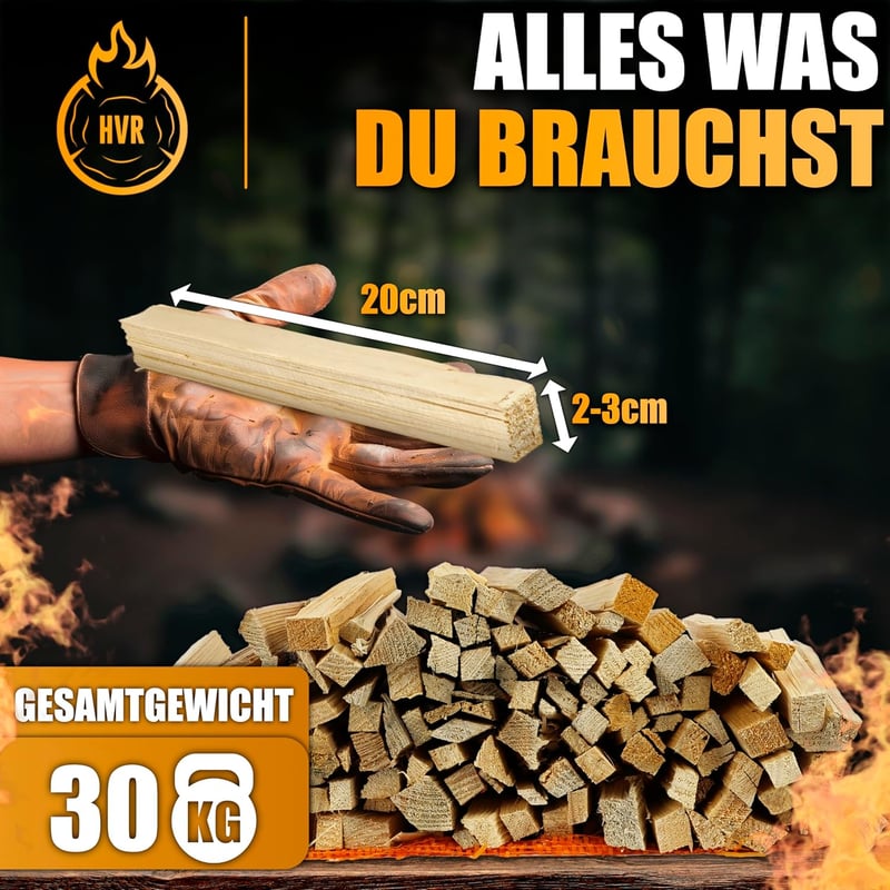 Anzündholz 30 KG mit 18 Stück Anzündwolle – Trocken, naturbelassen, Made in Germany