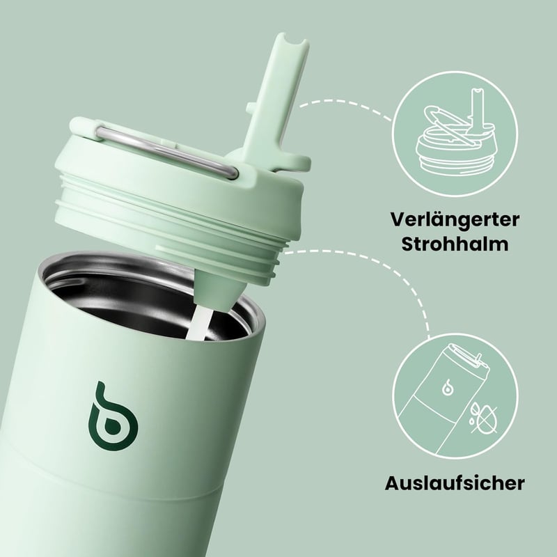 Edelstahl Trinkflasche 500ml mit Strohhalm, BPA-frei, auslaufsicher