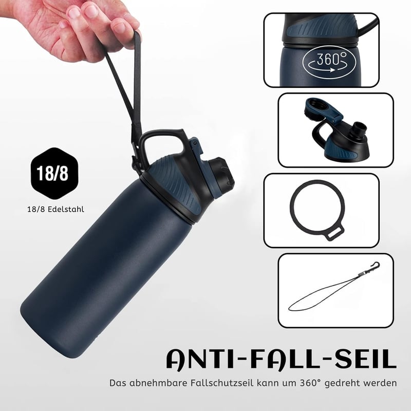 Edelstahl Trinkflasche 1,5L mit magnetischem Deckel, BPA-frei, auslaufsicher