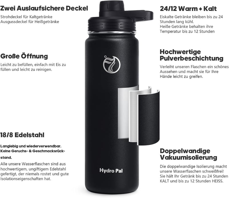 Isolierte Edelstahl-Trinkflasche 750 ml - BPA-frei, auslaufsicher, für Sport