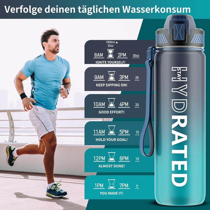 Auslaufsichere 1L Tritan-Trinkflasche mit Strohhalm und Zeitmarkierung