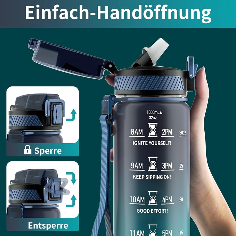 Auslaufsichere 1L Tritan-Trinkflasche mit Strohhalm und Zeitmarkierung