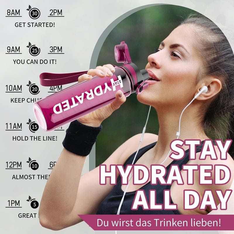 Mevoly Sportflasche 1L aus Tritan – BPA-frei, auslaufsicher, mit Zeitmarkierung