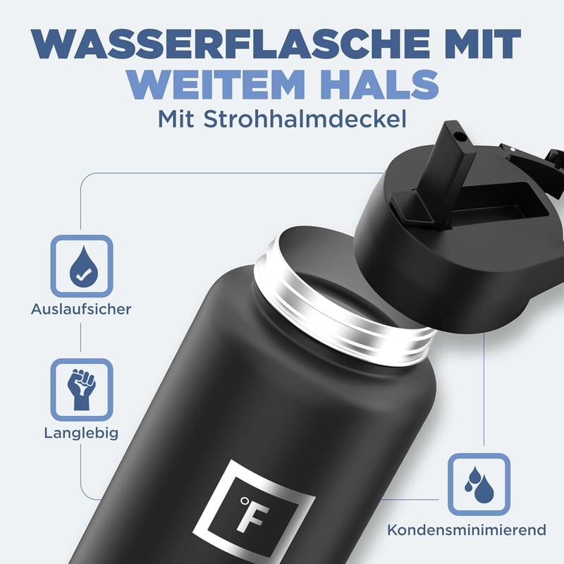 Edelstahl Trinkflasche 1.2L mit Strohhalmdeckel für Sport und Freizeit