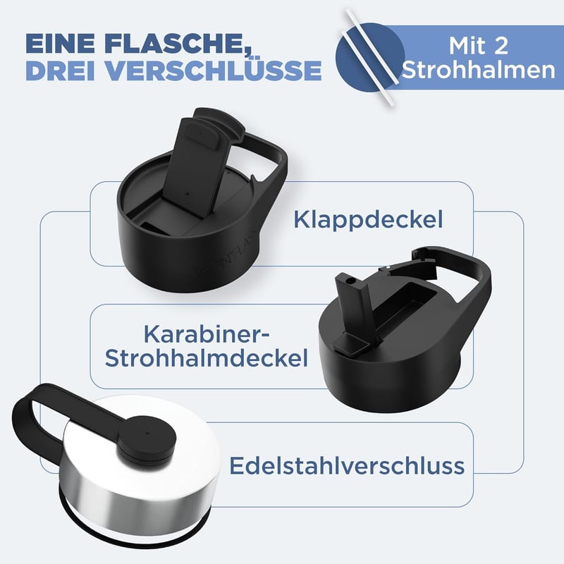 Edelstahl Trinkflasche 1.2L mit Strohhalmdeckel für Sport und Freizeit