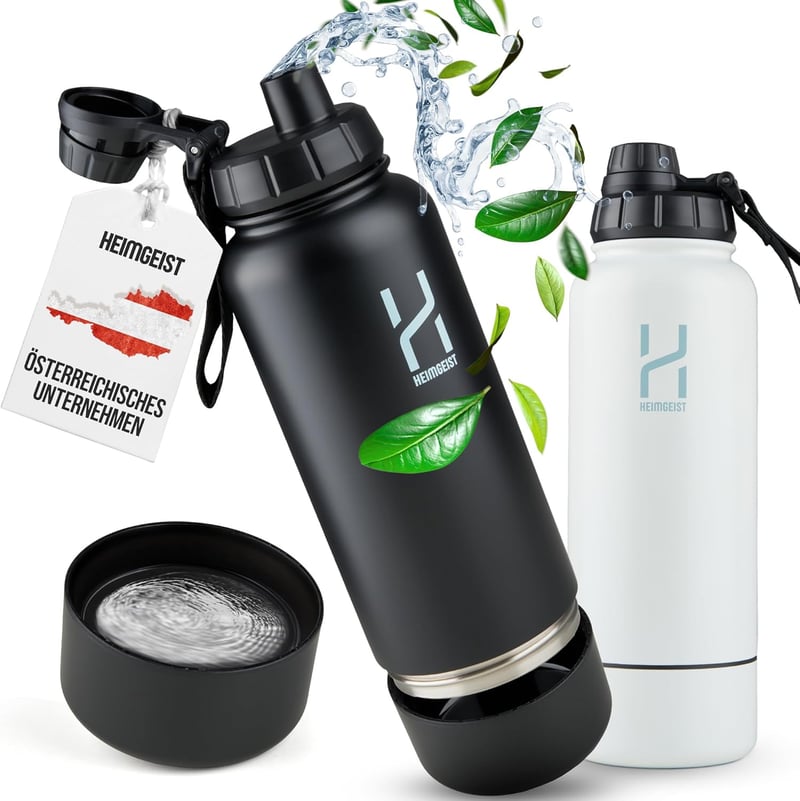 Isolierte Edelstahl-Trinkflasche 1l mit Storage-Box (Schwarz)