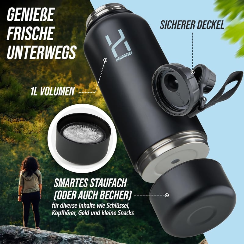 Isolierte Edelstahl-Trinkflasche 1l mit Storage-Box (Schwarz)