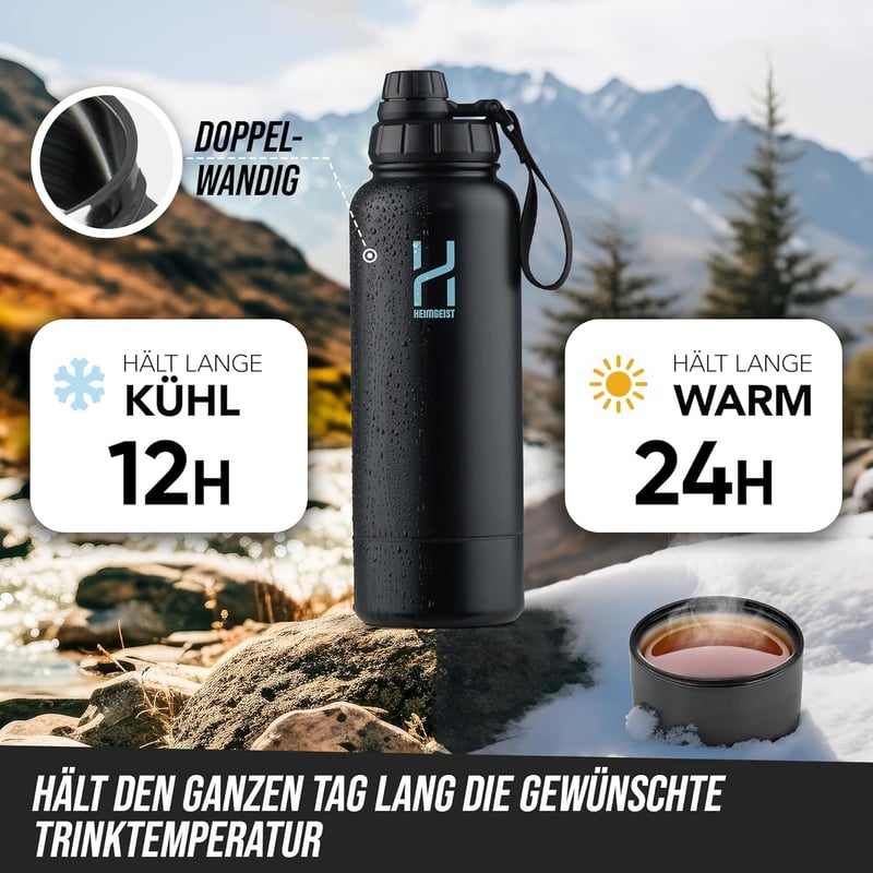 Isolierte Edelstahl-Trinkflasche 1l mit Storage-Box (Schwarz)