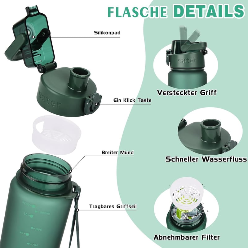Sport-Trinkflasche 1l aus Tritan, BPA-frei, auslaufsicher mit Filter und Bürste
