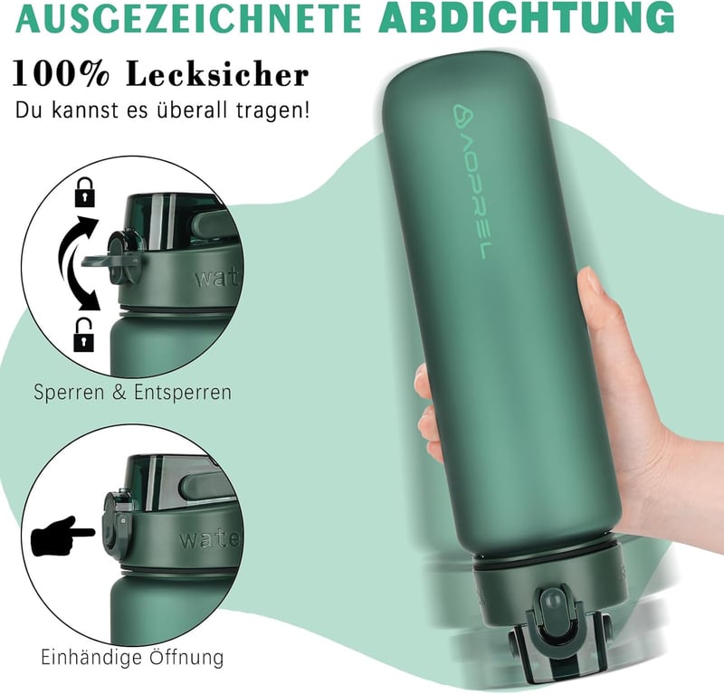 Sport-Trinkflasche 1l aus Tritan, BPA-frei, auslaufsicher mit Filter und Bürste