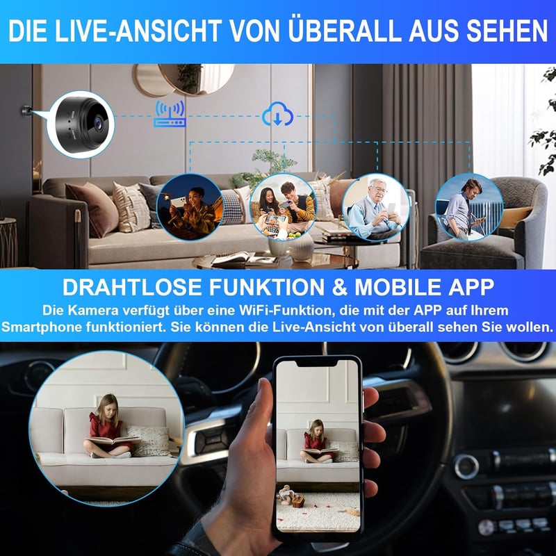 WLAN Mini Überwachungskamera 1080P mit App & Bewegungsmelder für Zuhause