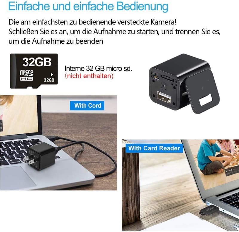 Mini Überwachungskamera 1080P mit Bewegungserkennung und USB-Ladegerät