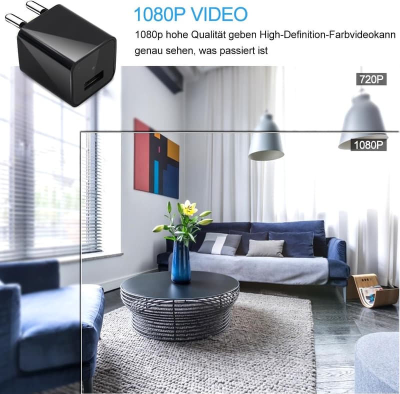 Mini Überwachungskamera 1080P mit Bewegungserkennung und USB-Ladegerät