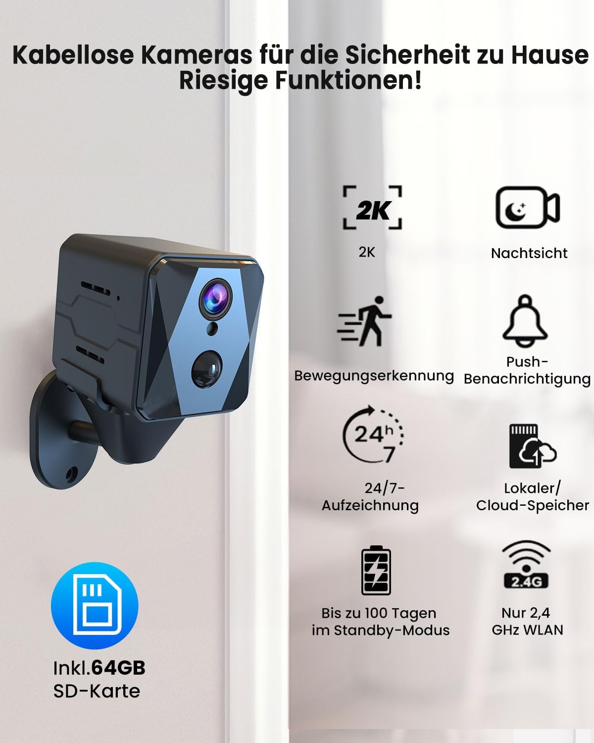 Mini-Überwachungskamera 2K mit WLAN und 64 GB SD-Karte